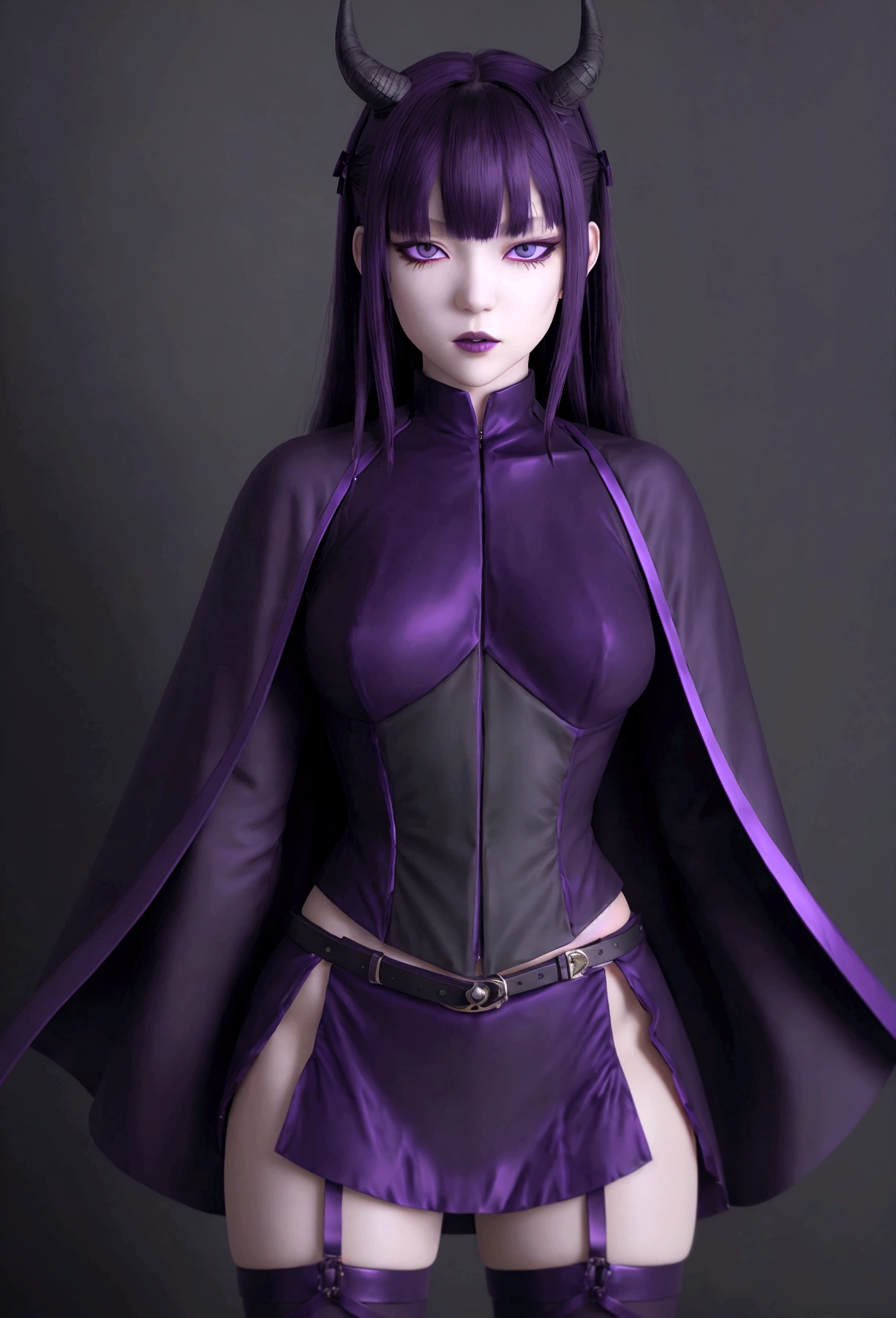 //Quality, (masterpiece), best quality, ultra-high resolution, ultra-high definition, highres, intricate, intricate details, absurdres, highly detailed, finely detailed, ultra-detailed, ultra-high texture quality, natural lighting, natural shadow, dramatic shading, dramatic lighting, vivid colour, perfect anatomy //Character, 1girl, solo //Fashion, //Background, white_background, //Others, ,2b-Eimi,GyokaiOnonoimokoStyle, long hair, bangs, skirt, black hair, red eyes, gloves, long sleeves, jacket, purple hair, pantyhose, horns, belt, cape, uniform, two side up, (eyepatch), (dark violet background:1.5), HD