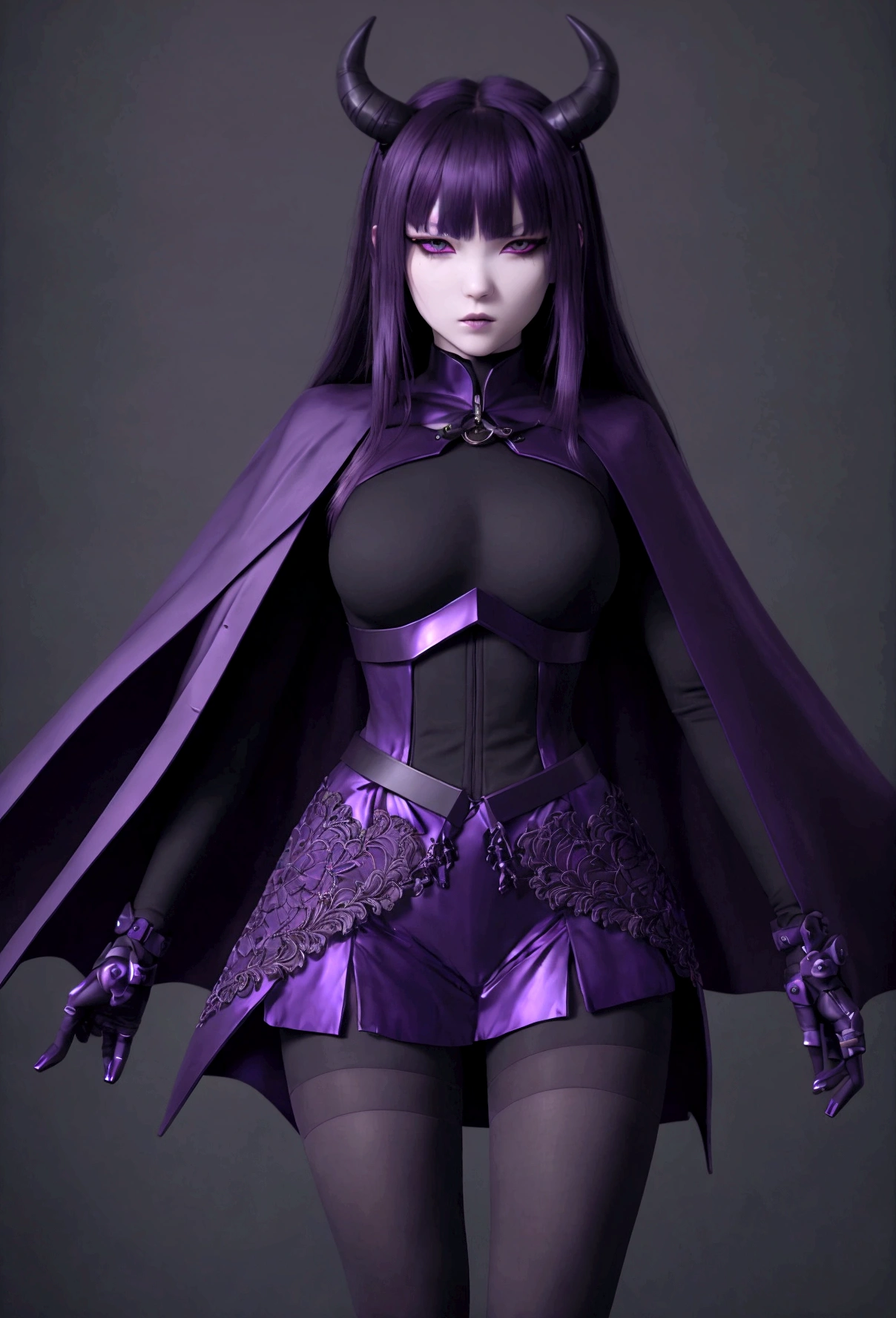 //Quality, (masterpiece), best quality, ultra-high resolution, ultra-high definition, highres, intricate, intricate details, absurdres, highly detailed, finely detailed, ultra-detailed, ultra-high texture quality, natural lighting, natural shadow, dramatic shading, dramatic lighting, vivid colour, perfect anatomy //Character, 1girl, solo //Fashion, //Background, white_background, //Others, ,2b-Eimi,GyokaiOnonoimokoStyle, long hair, bangs, skirt, black hair, red eyes, gloves, long sleeves, jacket, purple hair, pantyhose, horns, belt, cape, uniform, two side up, (eyepatch), (dark violet background:1.5), HD