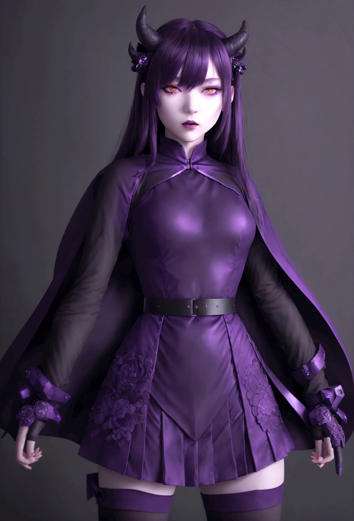 //Quality, (masterpiece), best quality, ultra-high resolution, ultra-high definition, highres, intricate, intricate details, absurdres, highly detailed, finely detailed, ultra-detailed, ultra-high texture quality, natural lighting, natural shadow, dramatic shading, dramatic lighting, vivid colour, perfect anatomy //Character, 1girl, solo //Fashion, //Background, white_background, //Others, ,2b-Eimi,GyokaiOnonoimokoStyle, long hair, bangs, skirt, black hair, red eyes, gloves, long sleeves, jacket, purple hair, pantyhose, horns, belt, cape, uniform, two side up, (eyepatch), (dark violet background:1.5), HD
