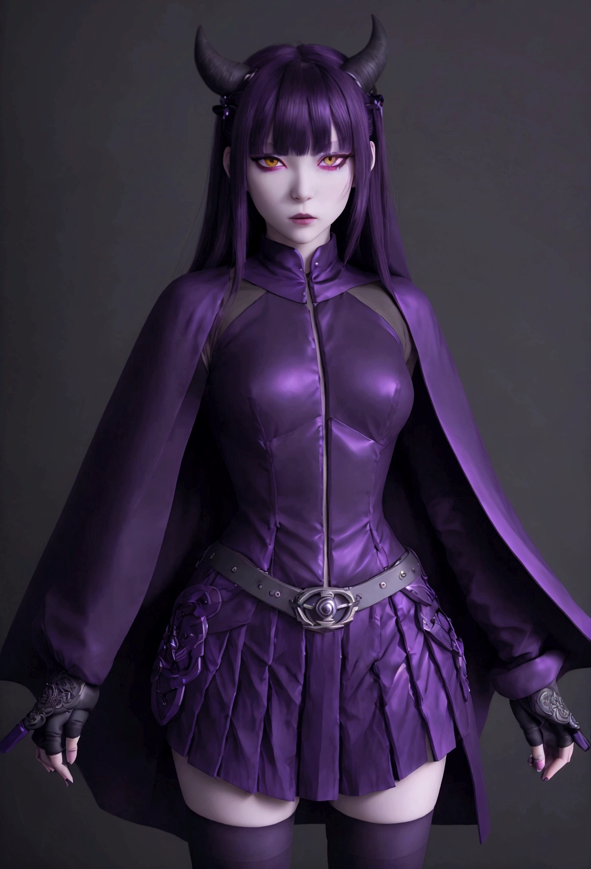 //Quality, (masterpiece), best quality, ultra-high resolution, ultra-high definition, highres, intricate, intricate details, absurdres, highly detailed, finely detailed, ultra-detailed, ultra-high texture quality, natural lighting, natural shadow, dramatic shading, dramatic lighting, vivid colour, perfect anatomy //Character, 1girl, solo //Fashion, //Background, white_background, //Others, ,2b-Eimi,GyokaiOnonoimokoStyle, long hair, bangs, skirt, black hair, red eyes, gloves, long sleeves, jacket, purple hair, pantyhose, horns, belt, cape, uniform, two side up, (eyepatch), (dark violet background:1.5), HD
