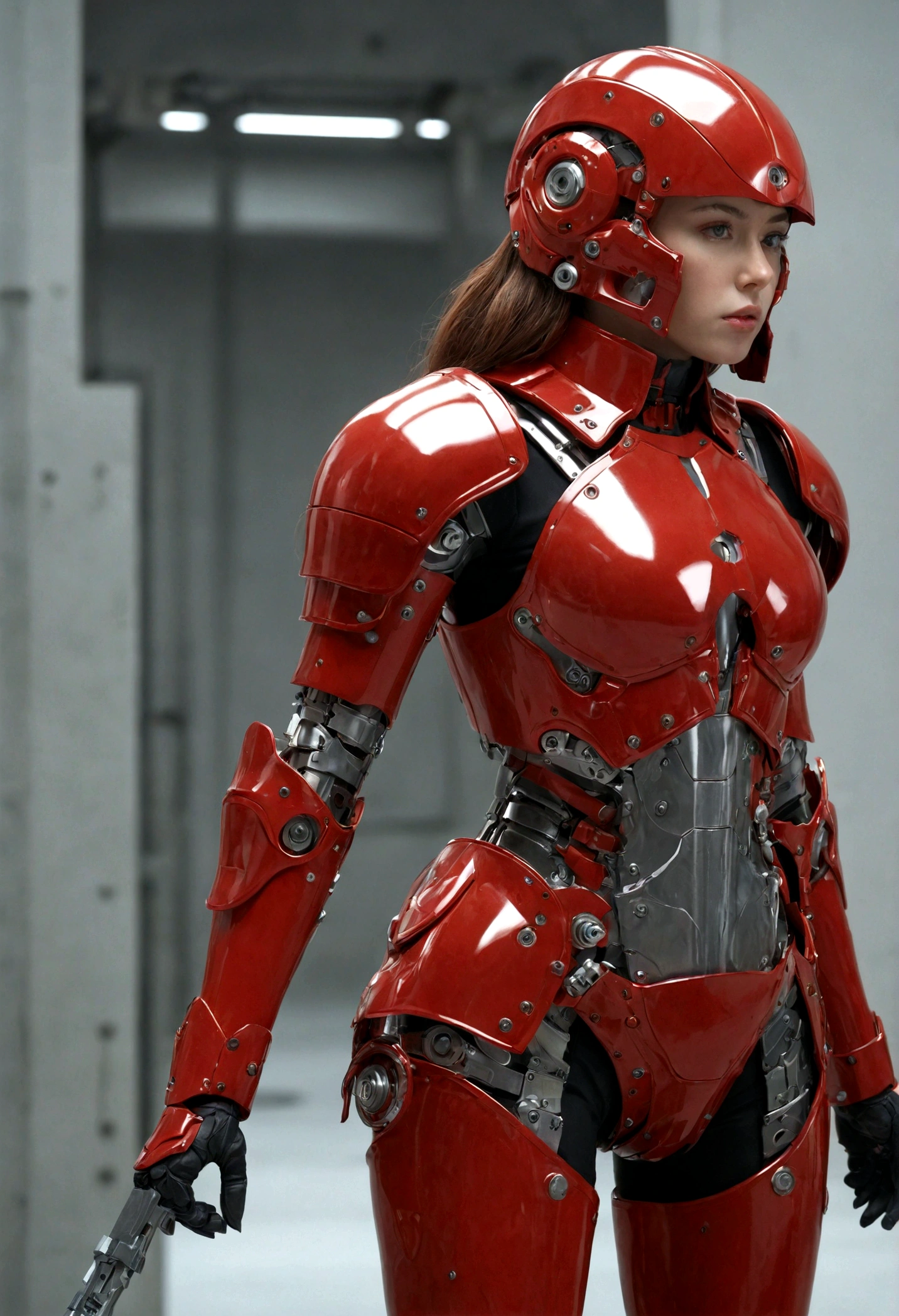 (Main part), (Best quality), Rendering, Practical, Extremely detailed, Perfect face, Perfect body, 1 tape, beautiful girl, Girl in red armor, Mechanical Armor, Exoskeleton, stand, Strike a legal stance, Sexy, Observation from behind
