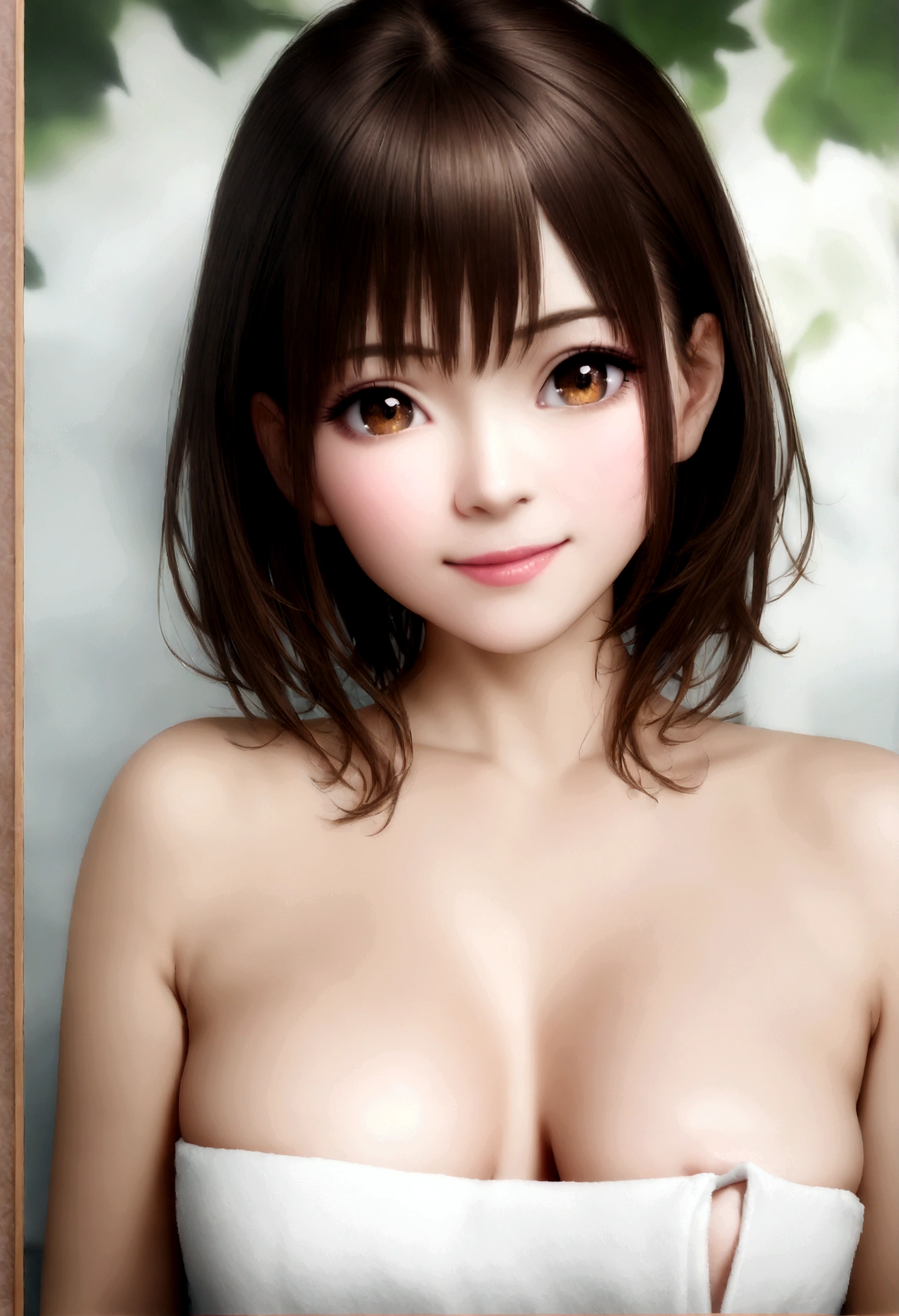 (masterpiece、highest quality、High resolution、8k wallpaper、Photo Real、Realistic Skin:1.5)、
1 Japanese Girl、solo、Esbian all over、(Beautiful breasts:1.5)、No bra、(Naked Towel:1.5)、Wet towel、Thin towel、Beautiful Eyes、Shining Eyes、Embarrassing、Sweaty、grass、standing、Open-air bath at night、Caution when viewing: katou megumi、Shiny brown hair, short hair, Beautiful brown eyes、smile、Sparkling eyes, (Fine grain)、Ultra-detailed eyes、Highly detailed face, Highly detailed eyes,