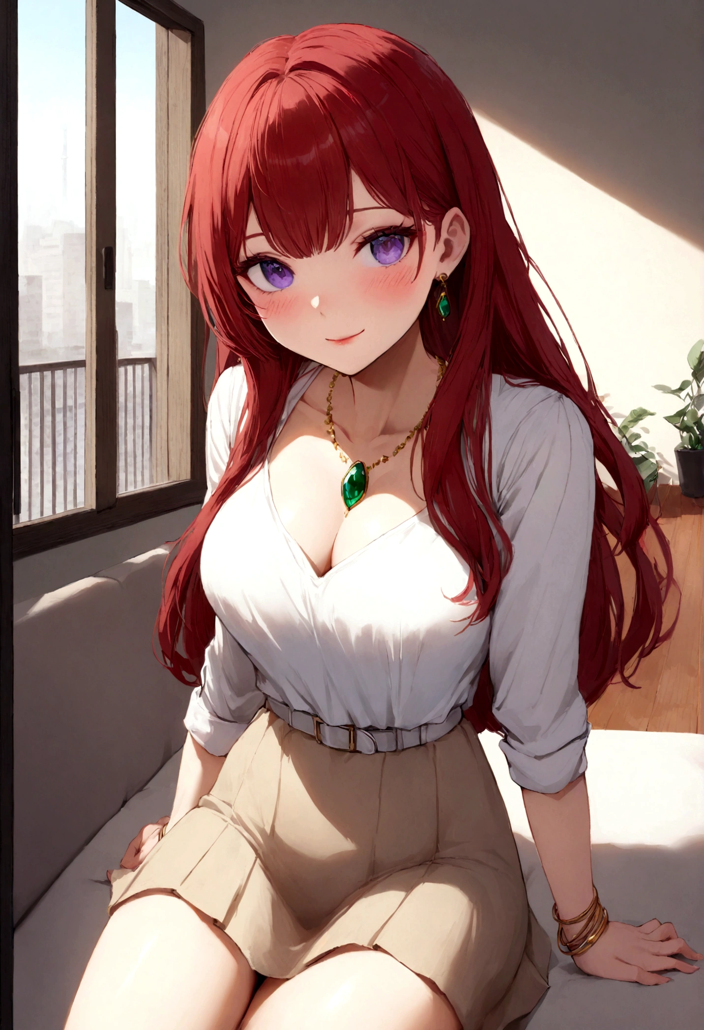 ((solo, 1woman, (TakashiroHiroko, dark purple eyes, red hair, long hair), lipstick, Extremely detailed, ambient soft lighting, 4k, perfect eyes, a perfect face, perfect lighting, a 1girl)), ((solo, (1woman, lipstick), Extremely detailed, ambient soft lighting, 4k, perfect eyes, a perfect face, perfect lighting, a 1girl)), , ((fitness,, shapely body, athletic body, toned body)), ((white shirt, white blouse, white belt, beige skirt, white high heels, gray sofa, windows in the background, apartment, gold jewelry, emerald earrings, bracelets, onyx necklace, rumpled clothes, shy smile))