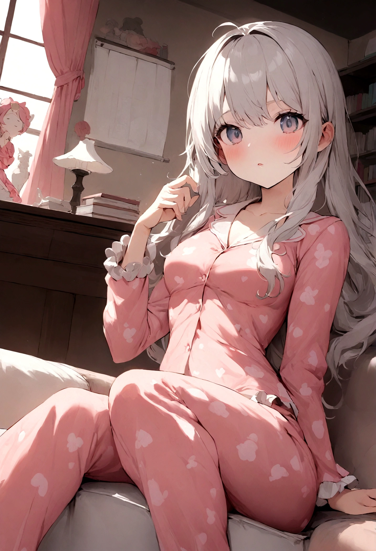 Second Dimension，Wearing sexy pajamas, Graceful figure, flirtatious, study room, sofa, Random charming movements, Facing the camera, full of imagination, First Love