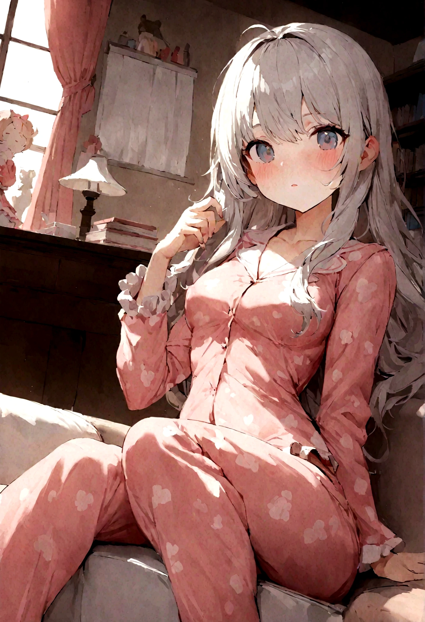 Second Dimension,Wearing sexy pajamas, Graceful figure, flirtatious, study room, sofa, Random charming movements, Facing the camera, full of imagination, First Love