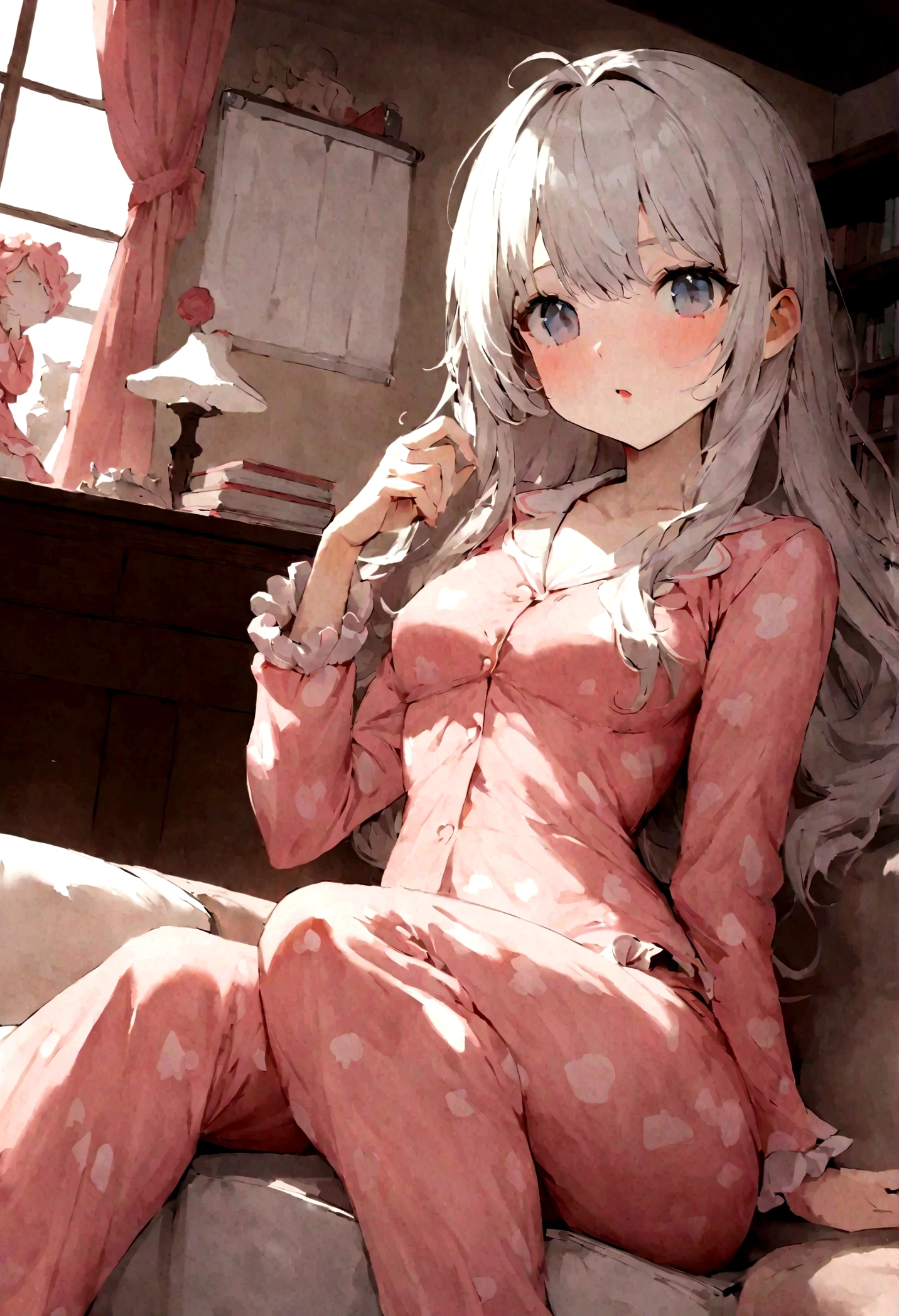 Second Dimension,Wearing sexy pajamas, Graceful figure, flirtatious, study room, sofa, Random charming movements, Facing the camera, full of imagination, First Love