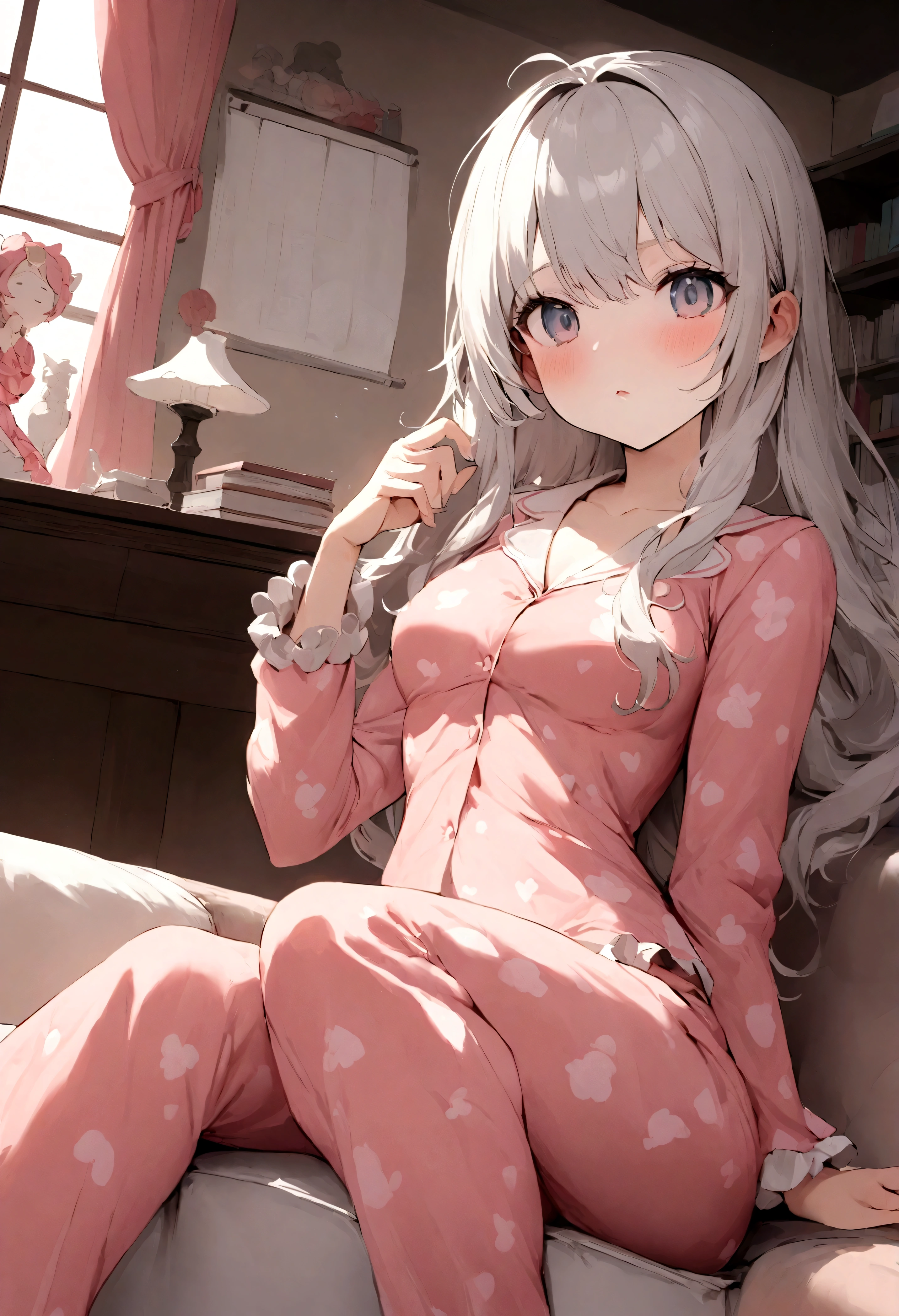 Second Dimension,Wearing sexy pajamas, Graceful figure, flirtatious, study room, sofa, Random charming movements, Facing the camera, full of imagination, First Love