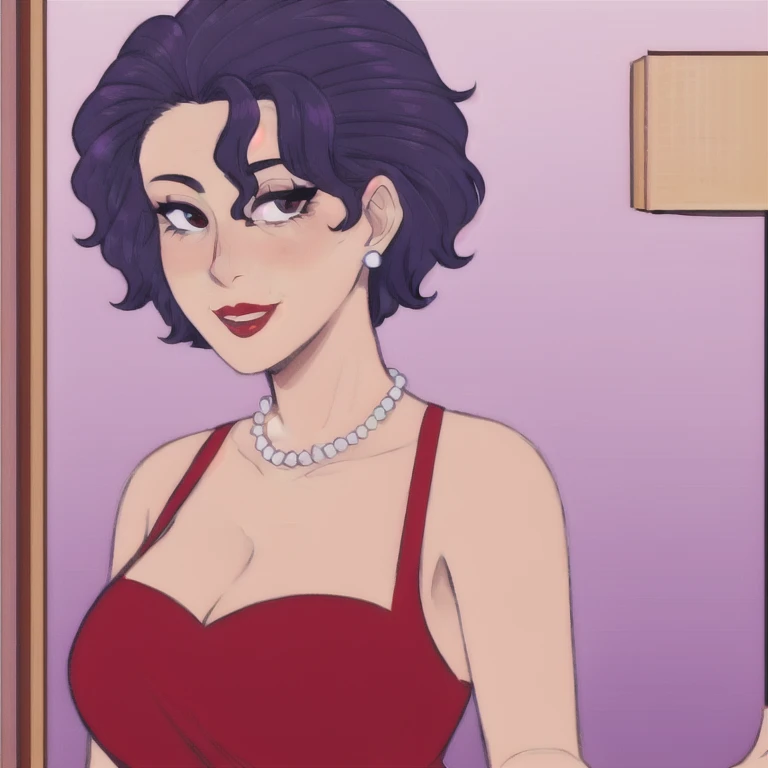 Short bob haircut, Windswept Messy Bob purple Hair, eyeliner, (red dress), (red lipstick), (light blue pearl necklace), cleavage, milf, mature