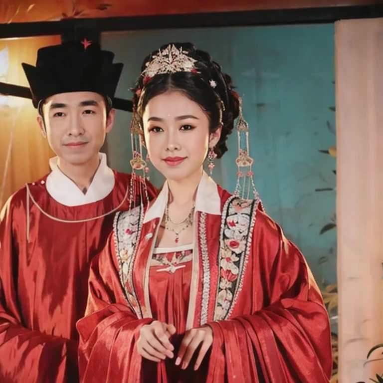 there is a man and a woman posing for a picture, wearing ancient Chinese costume, Hanfu, with acient chinese clothes, ruanjia、Zhong Fenghua, traditional chinese, Traditional Chinese clothing, Chinese costume, royal palace ， A girl in Hanfu, traditional outfit, 4k post, 4 k post, Ancient sword, Yan, OMG