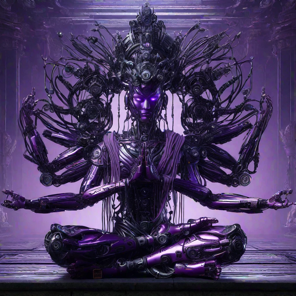 1sbsl1, A purple cyberpunk robot monk with folded hands, multiple hands, meditating, sitting in lotus position, doing meditation pose, wearing an ornate headdress made of black metal parts, precision mechanical body, ultra-fine electronic components, temple background, surrealism, cinematic lighting