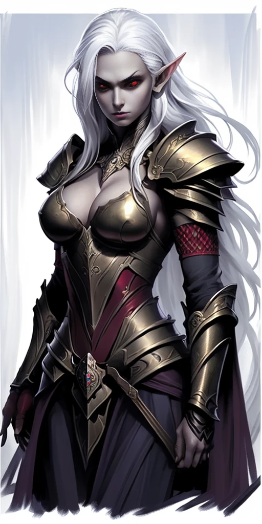drow, female knockers cleavage, male focus, pointy ears, red eyes, armor, elf, white hair, shoulder armor, upper body, closed mouth, long hair, pauldrons, colored skin, looking at viewer