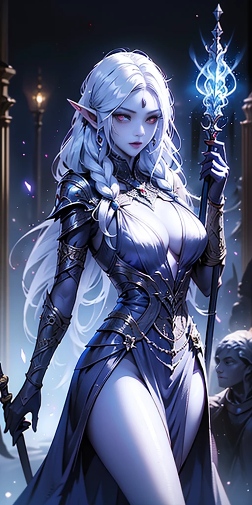 1girl, sexy drow, purple-blue skin, pale silver long elaborate braids, ((red eyes)), jewels, elf ears, earrings, ((white sorceress sexy dress)), ((wields staff)), ((cast light magic)), on a roof of scyscraper, athletic, volumetric lighting, best quality, masterpiece, realistic, anatomically correct, (strong cinematic lighting), stunning details, intricate details, 8k post-production, High resolution, super details, trending on ArtStation, sharp focus, depth of field f/1.8, studio photos, (((looking at camera)))