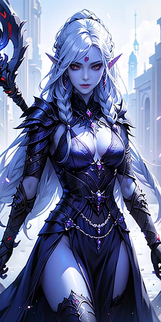 1girl, sexy drow, purple-blue skin, pale silver long elaborate braids, ((red eyes)), jewels, elf ears, earrings, ((white sorceress sexy dress)), ((wields staff)), ((cast light magic)), on a roof of scyscraper, athletic, volumetric lighting, best quality, masterpiece, realistic, anatomically correct, (strong cinematic lighting), stunning details, intricate details, 8k post-production, High resolution, super details, trending on ArtStation, sharp focus, depth of field f/1.8, studio photos, (((looking at camera)))