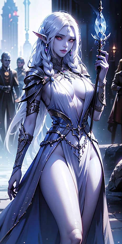 1girl, sexy drow, purple-blue skin, pale silver long elaborate braids, ((red eyes)), jewels, elf ears, earrings, ((white sorceress sexy dress)), ((wields staff)), ((cast light magic)), on a roof of scyscraper, athletic, volumetric lighting, best quality, masterpiece, realistic, anatomically correct, (strong cinematic lighting), stunning details, intricate details, 8k post-production, High resolution, super details, trending on ArtStation, sharp focus, depth of field f/1.8, studio photos, (((looking at camera)))