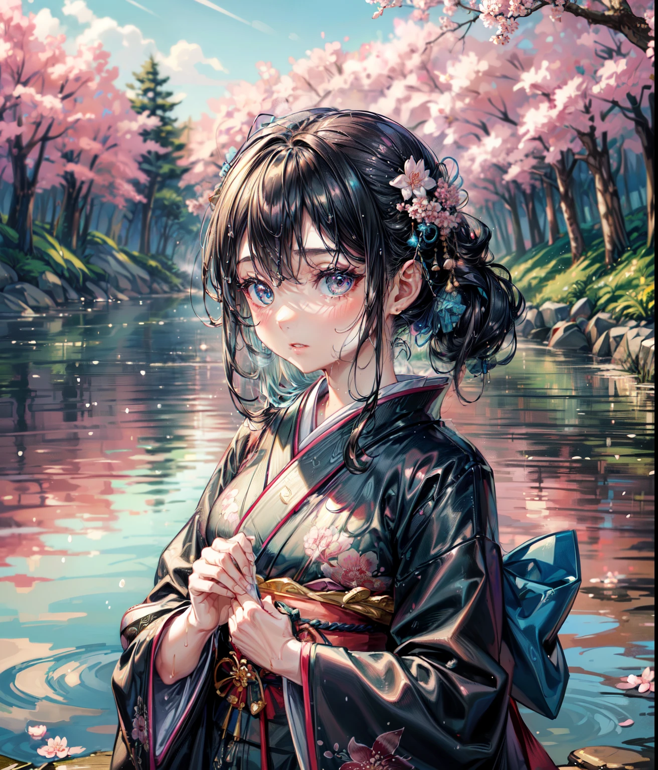 (best quality,highres,ultra-detailed,Pixiv:1.37),1 girl, full body, (7 years old girl:1.2), beautiful detailed eyes, beautiful detailed lips, girl wearing large teal kimono, beauty complex pattern on kimono, (wet, wet body, wet hair, wet skin, very wet kimono, reflection on the wet kimono, delicate cherry blossom embroidery, subtle water droplets:1.2), (water spray:1.1), (Cloth kimono, best kimono wrinkle, Transparent mucus wrapping), Voluminous hair, soft lighting, (portraits), vivid colors, calm expression, look at viewer, peaceful scenery, clean and fresh feeling,Beautiful and detailed water
