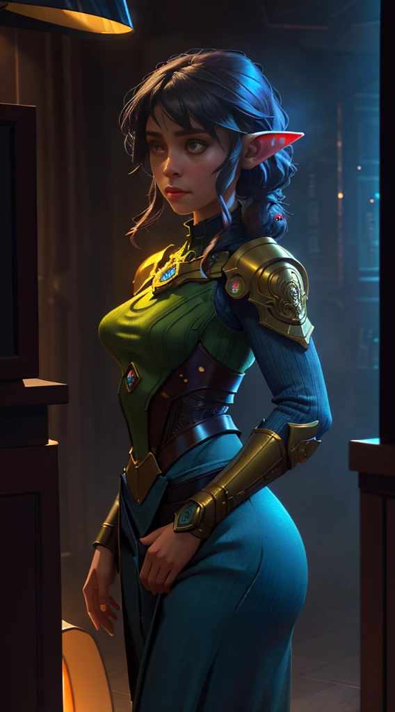 4k, a Female Goblin, eye contact, focus, background indoors, precisionism,, ((((cinematic look)))), soothing tones, insane details, intricate details, hyperdetailed, low contrast, soft cinematic light, dim colors, exposure blend, hdr, faded, slate gray atmosphere