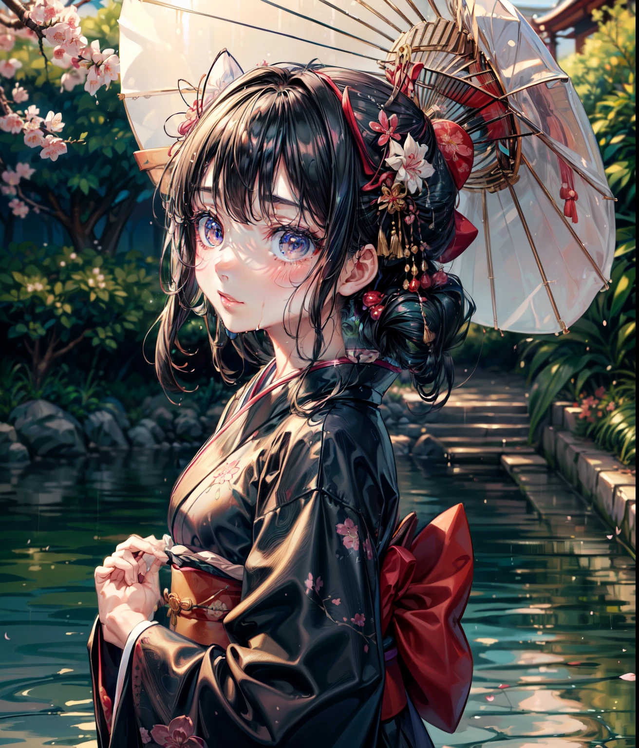 (best quality,highres,ultra-detailed,Pixiv:1.37),1 girl, full body, (7 years old girl:1.2), beautiful detailed eyes, beautiful detailed lips, girl wearing large teal kimono, beauty complex pattern on kimono, (wet, wet body, wet hair, wet skin, very wet kimono, reflection on the wet kimono, delicate cherry blossom embroidery, subtle water droplets:1.2), (water spray:1.1), (Cloth kimono, best kimono wrinkle, Transparent mucus wrapping), Voluminous hair, soft lighting, (portraits), vivid colors, calm expression, look at viewer, peaceful scenery, clean and fresh feeling,Beautiful and detailed water
