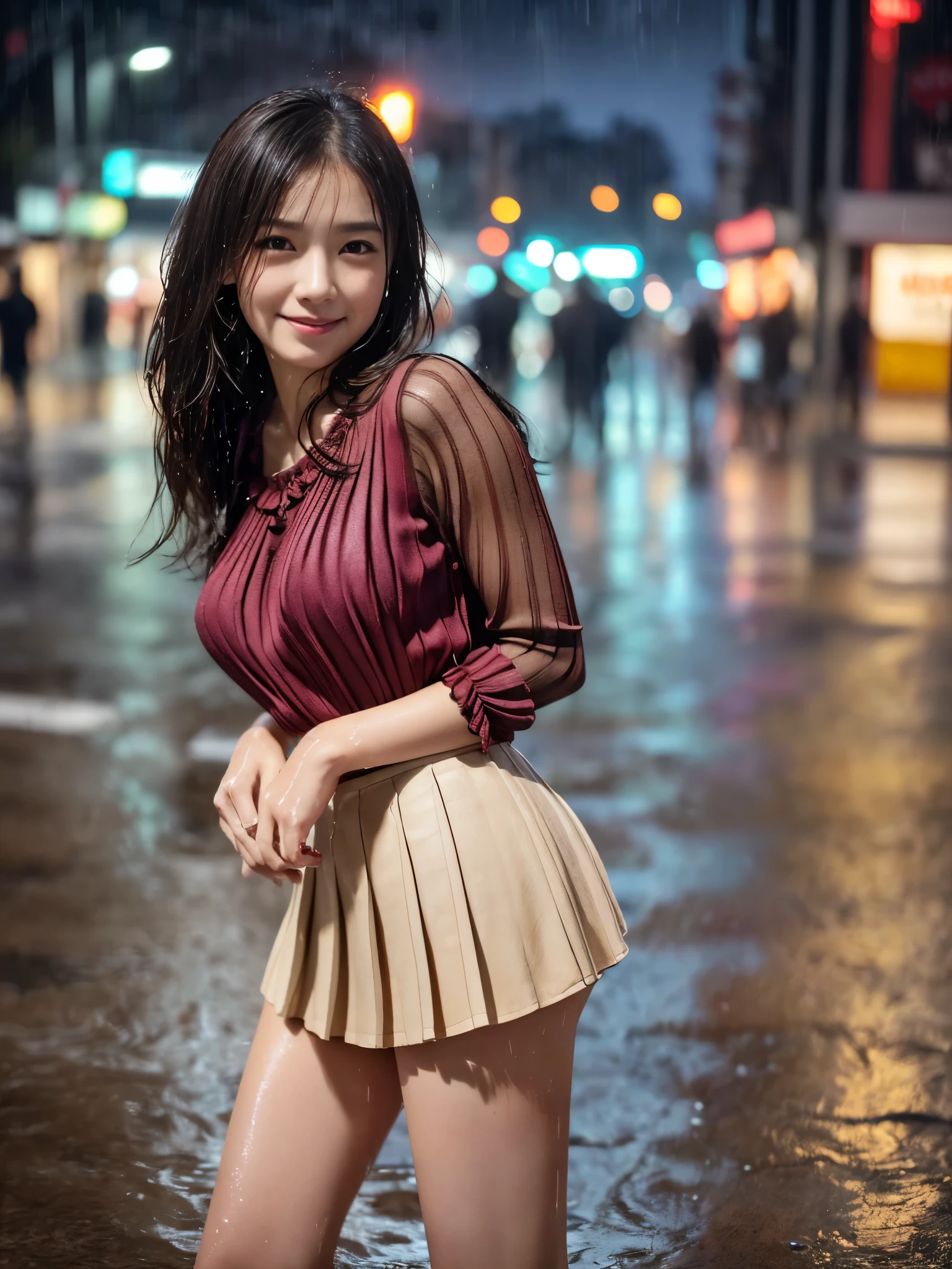 (Best-quality, Masterpiece, Ultra-High-Resolution, (Photorealistic:1.4), Raw Photo, depth of field, professional lighting, perfect anatomy, extremely details), 1girl, the most famous Japanese idol, innocent smile, cowboy shot, (((at street in heavy-rain, standing in heavy rain))), (((wearing wet blouse from heavy-rain and wet cute-designed-pleated-miniskirt from heavy-rain))), (((extremely wet hair from heavy-rain))), extremely cute wet-body from heavy-rain, extremely cute wet-thighs from heavy-rain