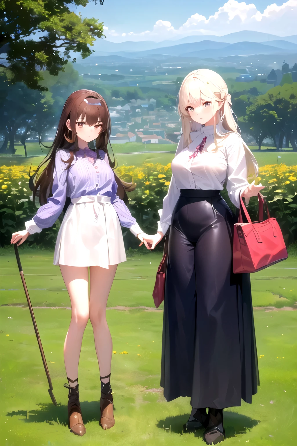 ((there is a girl in the middle of the image(1) with an ideal physique, the image is split vertically in half and separates the girl(1) in half, on the left half there is a village nature farming and a girl(1) dressed in farm clothes, on the right half there is a big beautiful night city and a girl(1) dressed in city clothes))