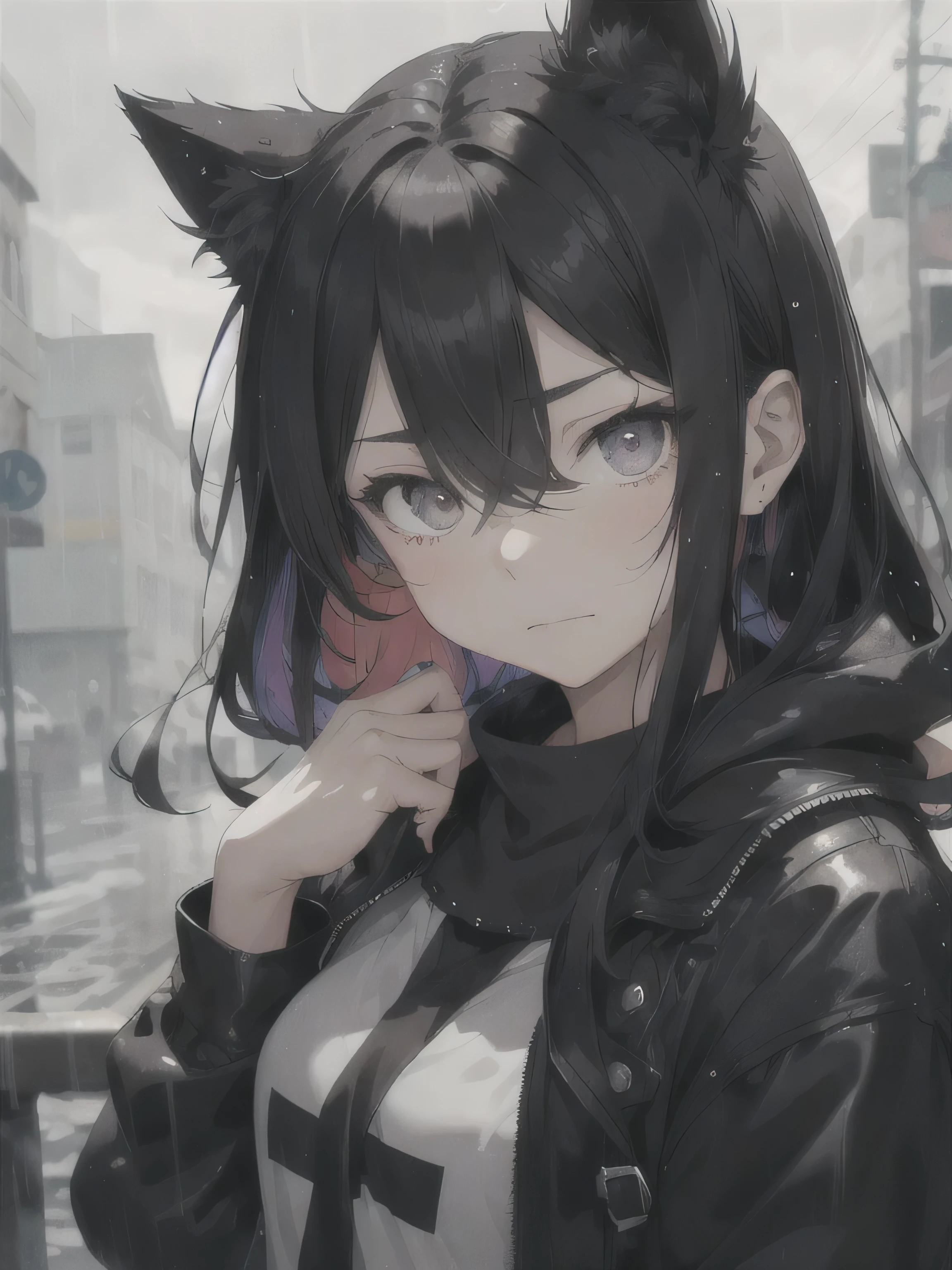 A 15-year-old girl with black cat ears and black hair, standing in the rain. She is wearing casual clothes, looking up with a thoughtful expression. Her right eye is dark blue, and her left eye is dark green. She has a strand of hair falling over the right side of her face, but it doesn't completely cover her right eye. The style should resemble the art from Fullmetal Alchemist, with vibrant and detailed colors, emphasizing the rain and her emotions.