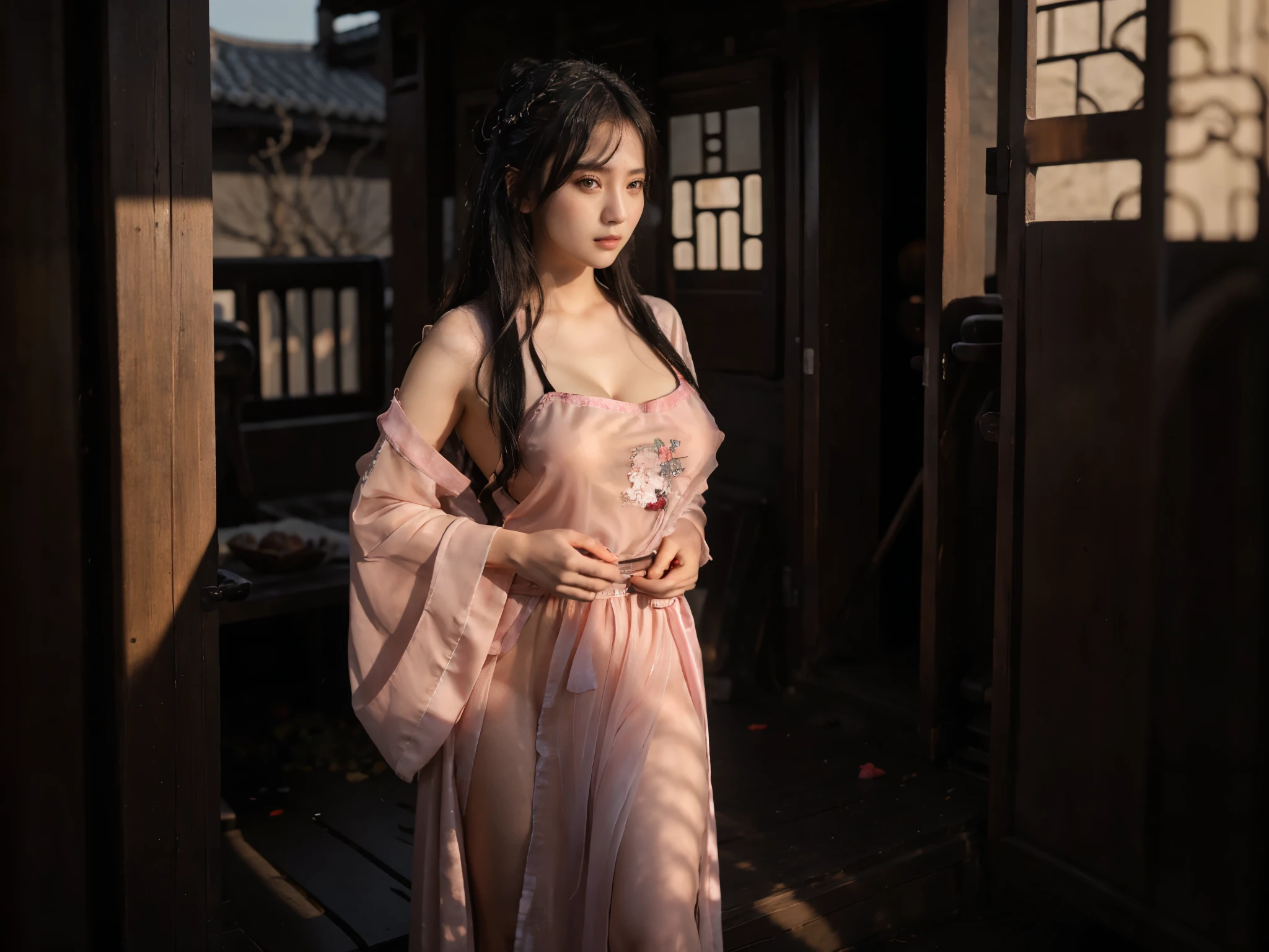 1girl,full body,extremely detailed face, beautiful detailed eyes,light on face,cinematic lighting,looking at viewer,outdoors,Black hair,(balck Chinese architecture:0.05), transparent hanfu, cleavage hanfu, perfect nipple