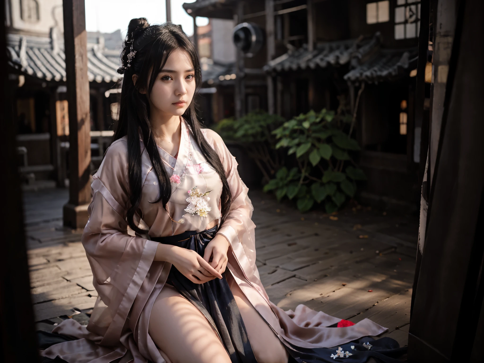 1girl,full body,extremely detailed face, beautiful detailed eyes,light on face,cinematic lighting,looking at viewer,outdoors,Black hair,(balck Chinese architecture:0.05), transparent hanfu