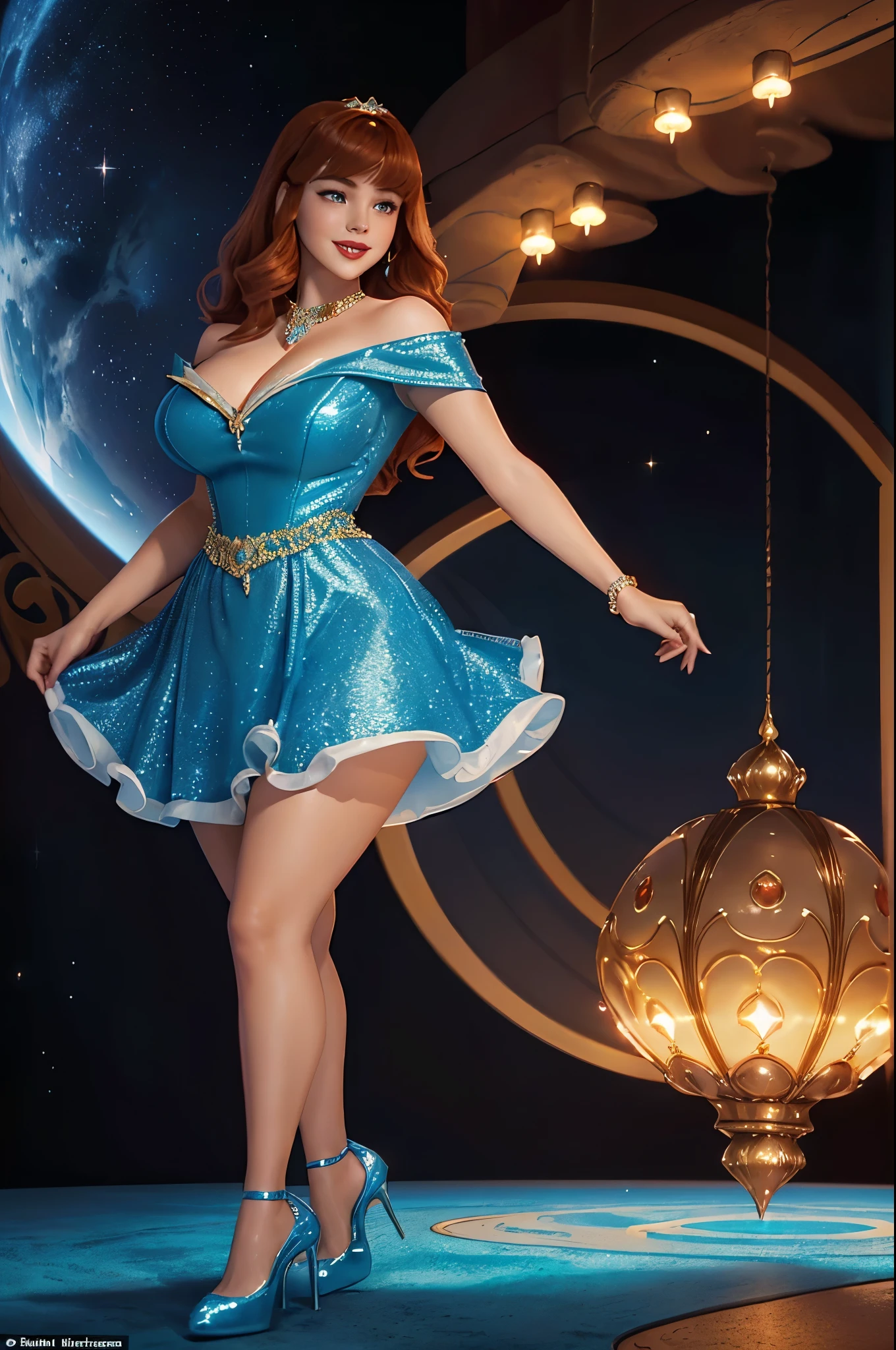 DisneyAurora 27 years old, ((( Selena Gomez:Emma Stone:0.7))) Beautiful woman (((shoulder length wavy auburn hair))) (bangs:1.2) ((sparkling bejeweled short sleeve long blue dress with matching high heels)) defined body, Red lipstick, smiling, hands free, standing, on a space station overlooking Earth, (huge_breasts:1.4) (curvy:1.2)(chubby:1.2)