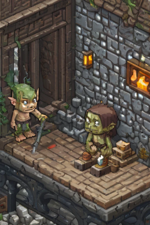 highly detailed isometric pixelart close-up of a 4k, a Female Goblin, eye contact, focus, background indoors, precisionism,, ((((cinematic look)))), soothing tones, insane details, intricate details, hyperdetailed, low contrast, soft cinematic light, dim colors, exposure blend, hdr, faded, slate gray atmosphere, simple white background, eboy style 