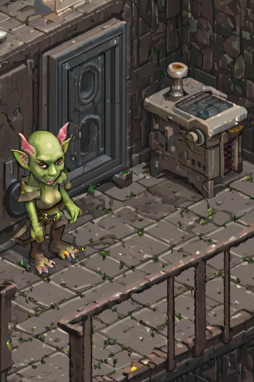 highly detailed isometric pixelart close-up of a 4k, a Female Goblin, eye contact, focus, background indoors, precisionism,, ((((cinematic look)))), soothing tones, insane details, intricate details, hyperdetailed, low contrast, soft cinematic light, dim colors, exposure blend, hdr, faded, slate gray atmosphere, simple white background, eboy style 