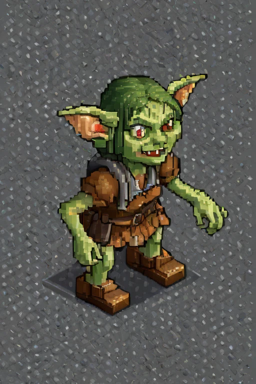 highly detailed isometric pixelart close-up of a 4k, a Female Goblin, eye contact, focus, background indoors, precisionism,, ((((cinematic look)))), soothing tones, insane details, intricate details, hyperdetailed, low contrast, soft cinematic light, dim colors, exposure blend, hdr, faded, slate gray atmosphere, simple white background, eboy style 