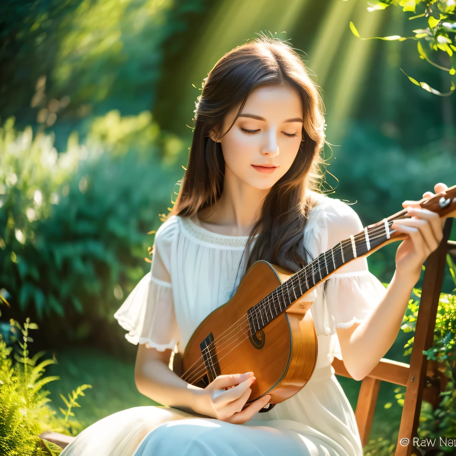 (8k, RAW Photo, Best Quality, Masterpiece: 1.2), (Realistic, Photo Real: 1.37), Professional Lighting, "Create an image of an angelic woman with a detailed and beautiful face, inspired by Russian beauty standards. The woman should have delicate, ethereal features, with angel wings and a serene and peaceful demeanor. She should be in a natural setting, like a tranquil forest or a lush garden, with soft sunlight filtering through. The woman could be holding a musical instrument like a harp or sitting by a piano, emphasizing her creative and musical nature. Use calming colors like green, blue, and soft brown to create a harmonious and inviting atmosphere.