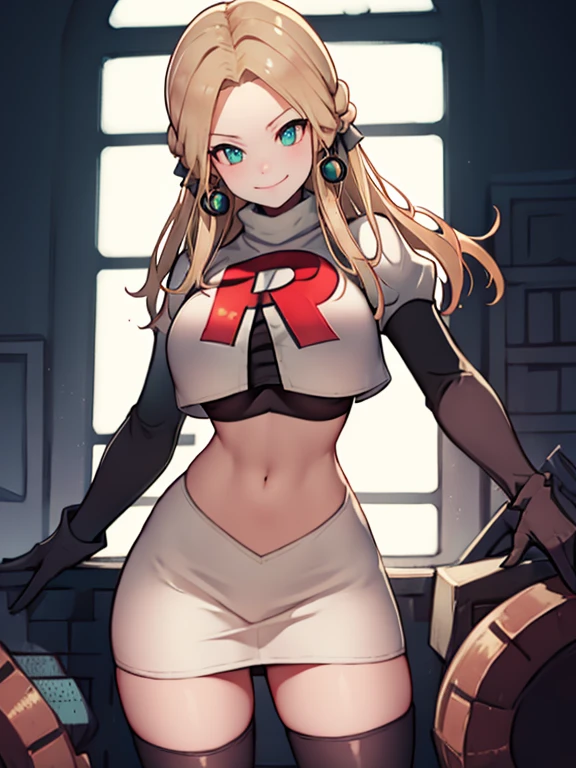 Fleche, dirty blonde hair, Team rocket, team rocket uniform, red letter R, white skirt,white crop top,black thigh-high boots, black elbow gloves, evil smile, earrings, large breasts
