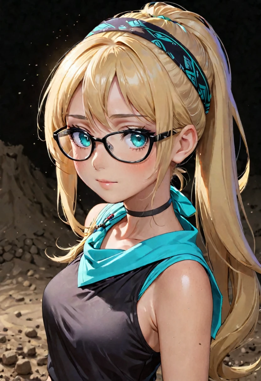 Anime girl, portrait style, black background, long light blonde ponytail, bright turquoise eyes,black glasses, bandana around neck, dirt on face