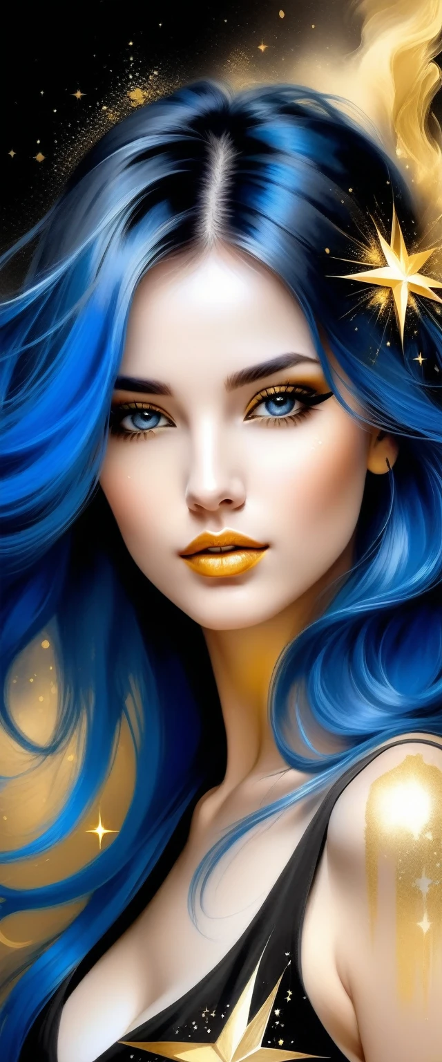 Gorgeous and hot Female face drawing with charcoal, long blue hair, Pino Daeni style.
golden patterns, golden and black spirit, liquid gold explosion, golden smoke magic, star dust, golden milky way, (black background), magic fog, alcohol ink,