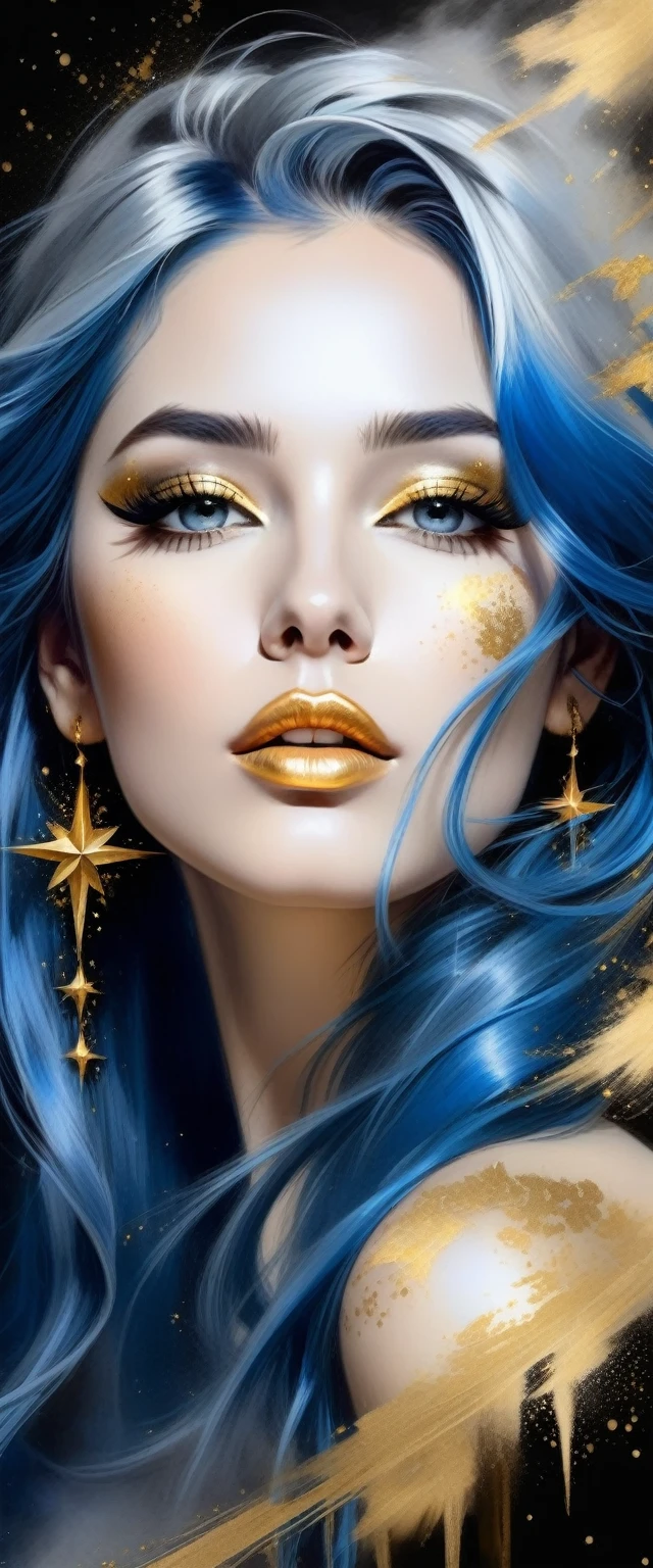 Gorgeous and hot Female face drawing with charcoal, long blue hair, Pino Daeni style.
golden patterns, golden and black spirit, liquid gold explosion, golden smoke magic, star dust, golden milky way, (black background), magic fog, alcohol ink,