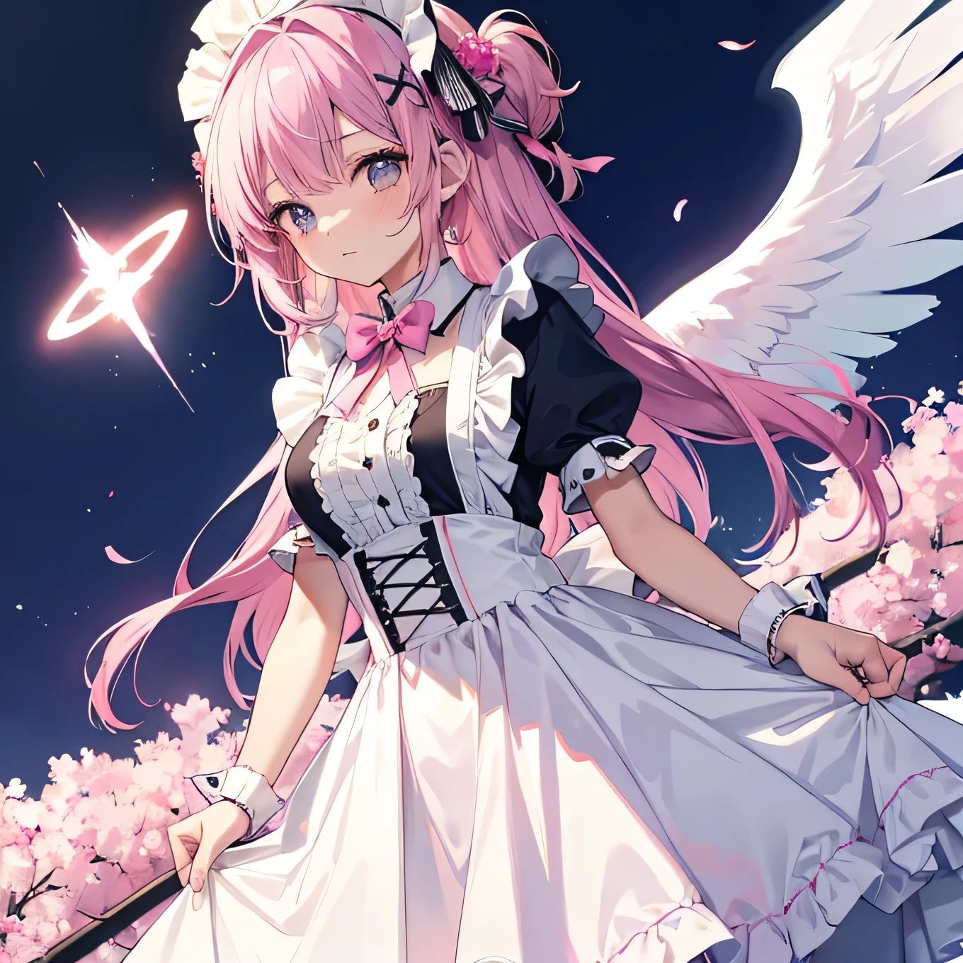 sixteen year old girl,Pink Hair,Maid costume,Halo,,Angel Wings,whole body