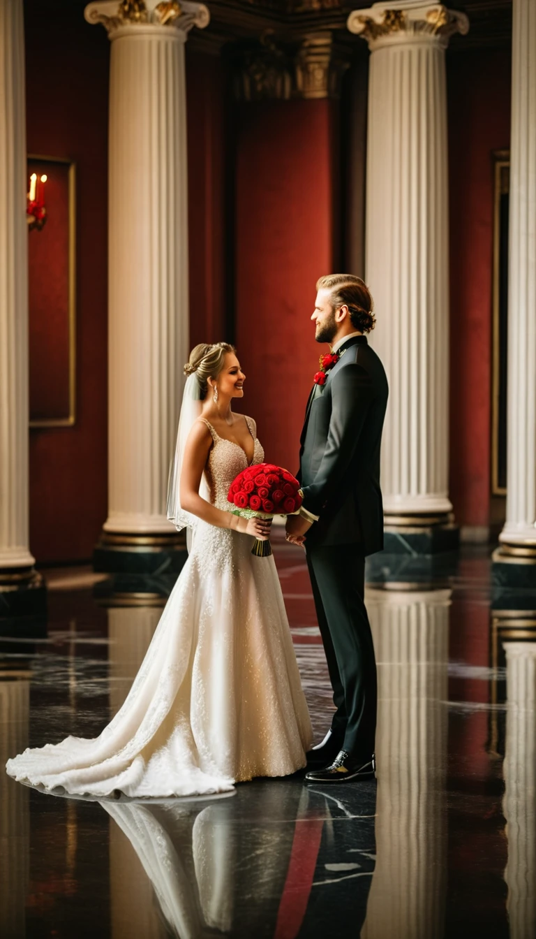 Photorealistic Images: {Raw portrait of a beautiful bride and groom in a photoshoot for a magazine, the bride wearing a stunning white wedding dress with pearls and gold accents, holding a bouquet of red roses, the groom in an elegant suit, both standing face to face, looking into each other's eyes passionately}, in a large room with reflective black marble floor and large pillars, Rembrandt lighting, highly blurred background, UHD, 8K, DSLR camera, high detail