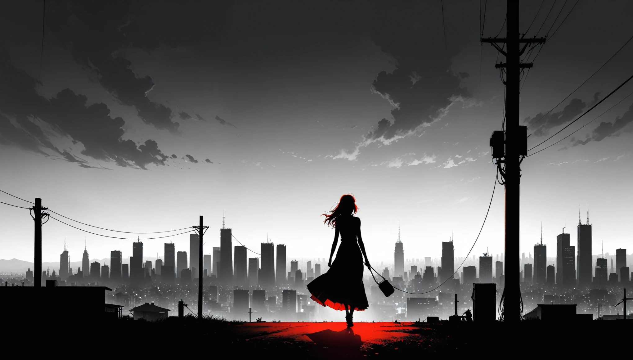 (in style of Ashley Wood:1.3),(in style of Takeshi Obata:0.9),
black and white urban skyline background,protruding utility poles,(a red silhouette of a young girl:1.6),minimalist silhouette,red silhouette,black and white background,wide_shot,silhouette of a teenage girl on a telephone pole,(selulu style:1.4),heles,flowing long skirts,