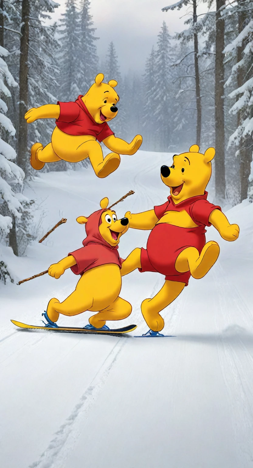 crazy skier Goofy runs away from an angry Winnie the Pooh chasing him, lost money from a broken barrel of honey. The camera's gaze is perfectly balanced, with shallow depth of field and precise features in focus. **Composition:** * Organic space ship centerpiece * Wojtek fus in foreground, gazing out at the cosmos * Cinematic lighting with warm vibrant tones and dramatic highlights **Technical Specifications:** * Resolution: 8K * Color Bit Depth: 32-bit * Model Polygons: One Billion * Lighting Style: Cinematic, with warm vibrant tones and dramatic highlights