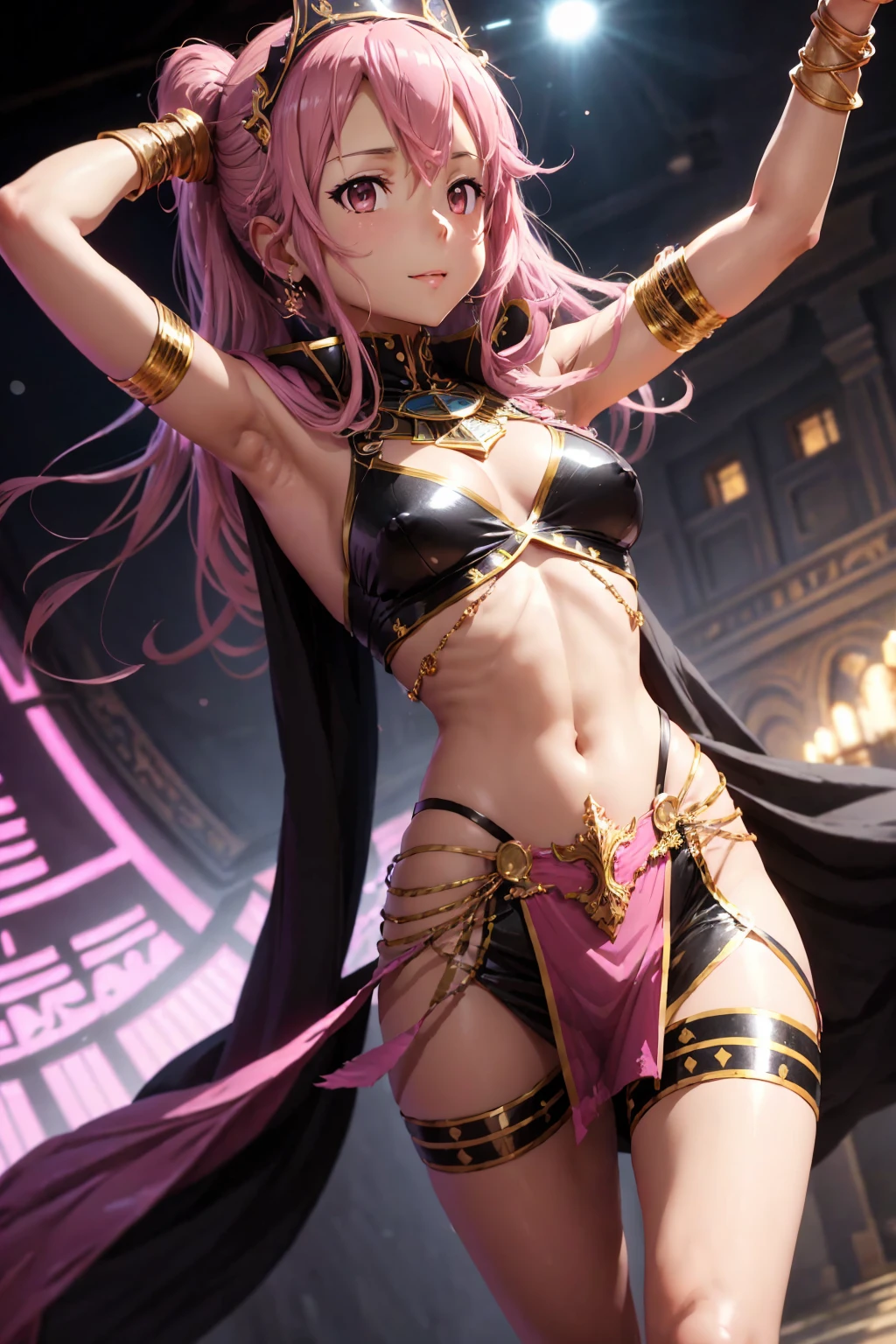 Kirito, Pink egyptian dancer's clothing, blushing smile, brown skin, long black hair, standing alone in the dance hall, big breasts breast enlargement looking into camera illustration, ultra-detailed, HDR, vibrant colors, soft lighting high quality and super detailed