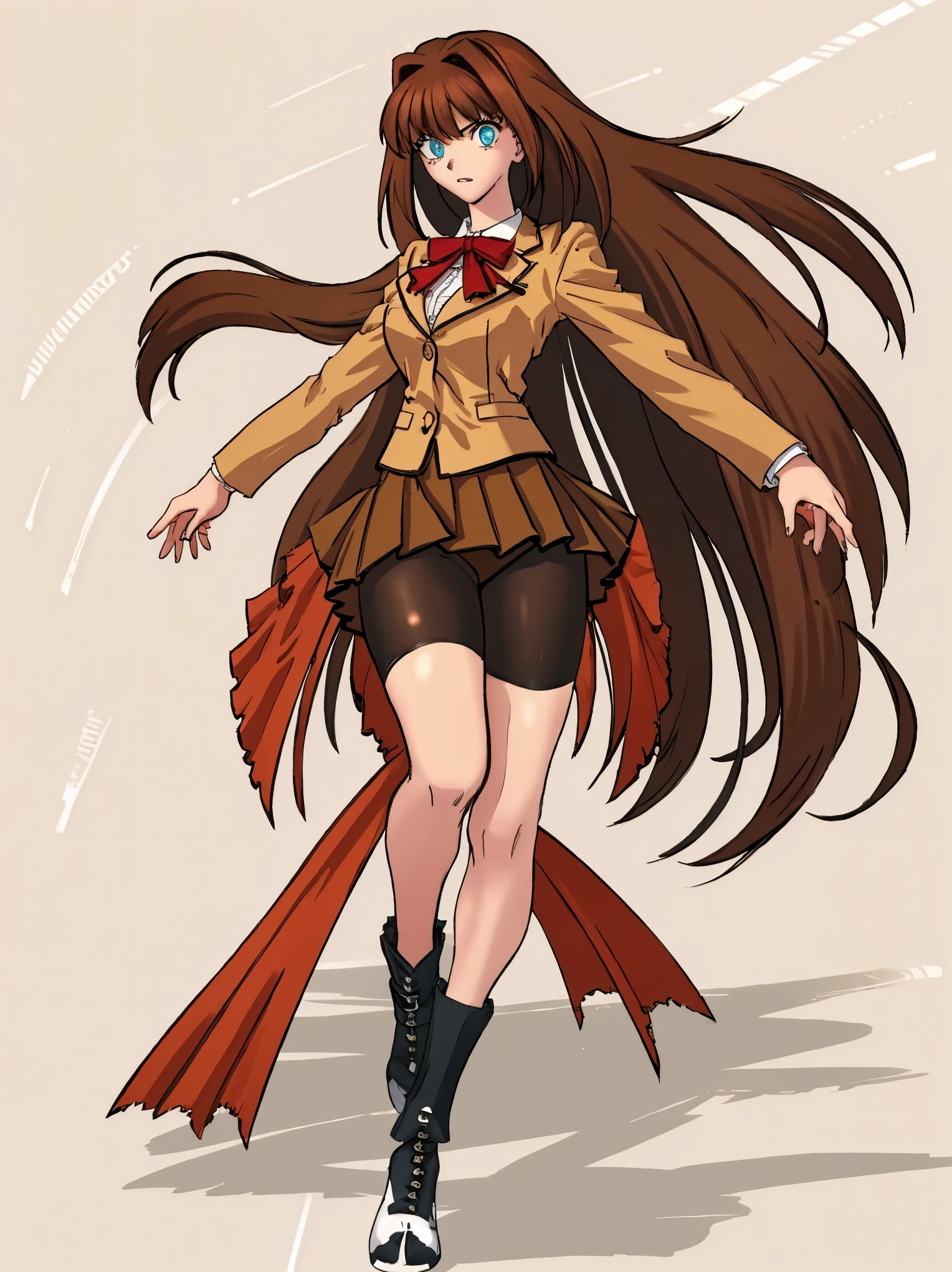 BREAK, blank background, empty white background, BREAK (masterpiece:1.2), best quality, high resolution, unity 8k wallpaper, (illustration:0.8), (beautiful detailed eyes:1.6), extremely detailed face, extremely detailed CG, (perfect hands, perfect anatomy), (1girl:1), (solo:1.5), bbaoko, (((2 legs max:1.6))), (((2 feet max:1.6))), ((long swirling hair:1.5)), (chestnut-brown hair with slightly reddish undertone), (lush luscious hair:1.5), (very long voluminous hair:1.5), serious, blue eyes, red bowtie, (Form-fitting beige blazer:1.5), brown jacket, (highly detailed beautiful face:1.2), (white shirt:1), (well shaped large breasts:1.3), (nice hips:1), (((Umber pleated-skirt:1.6))), (((black bike shorts:1.5))), (nice thighs:1.5), (thigh-high stockings:1.6), (brown loafers), (facing front:1.5), ((standing straight:1.5)), ((Fullbody in frame including full shoes:1.6)), ((Full body:1.5)), (white background:1.5), (((empty background:1.5))),