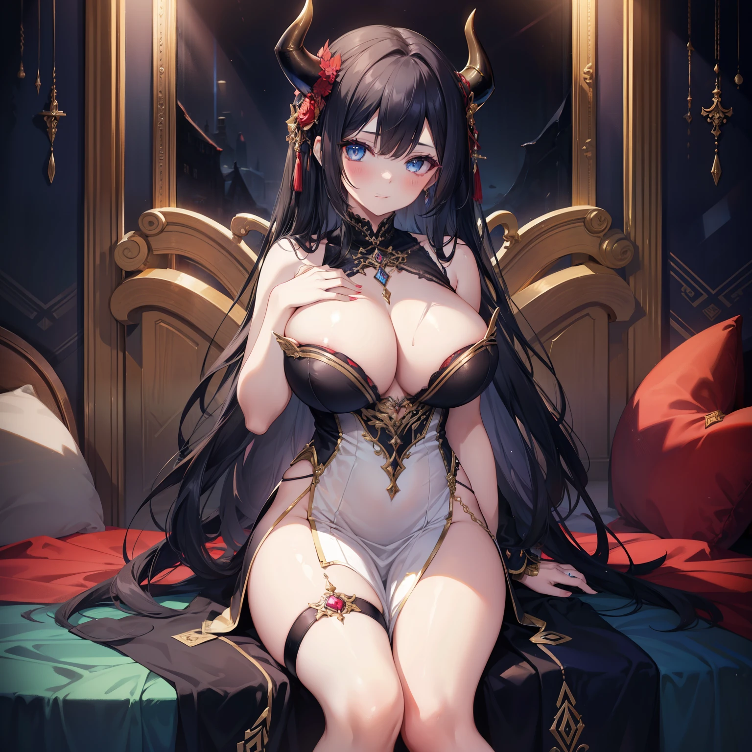 seductive lady with ample bosom and wearing goddess dress, nsfw, devil horns, long black hair, blue eyes, goddess, fantasy, dreamlike
