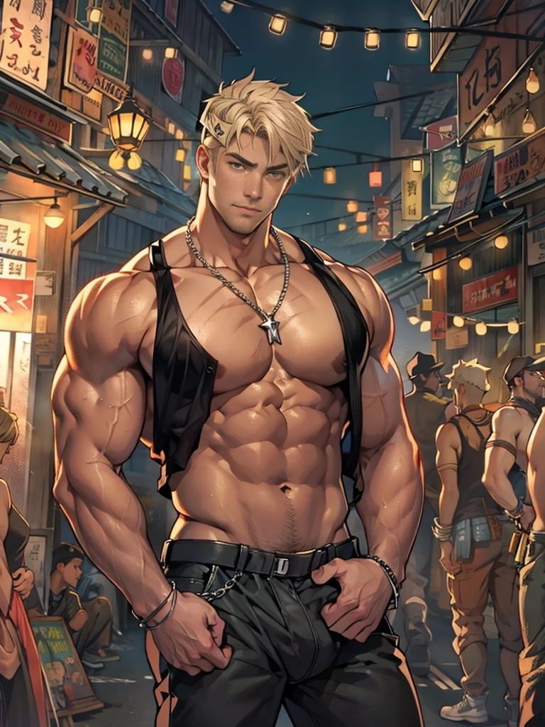 Young man, short blond hair, handsome face, tired expression, green eyes, large muscles, hyper pectoral, thick thigh, large butt. He's wearing a low-cut tank top, black pants, a backwards hat, and a silver chain around his neck, Big bulge. Scenery, party at night.