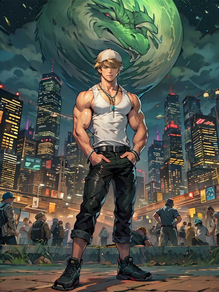 Young man, short blond hair, handsome face, tired expression, green eyes, large muscles, hyper pectoral, thick thigh, large butt. He's wearing a low-cut tank top, black pants, a backwards hat, and a silver chain around his neck, Big bulge. Scenery, party at night.