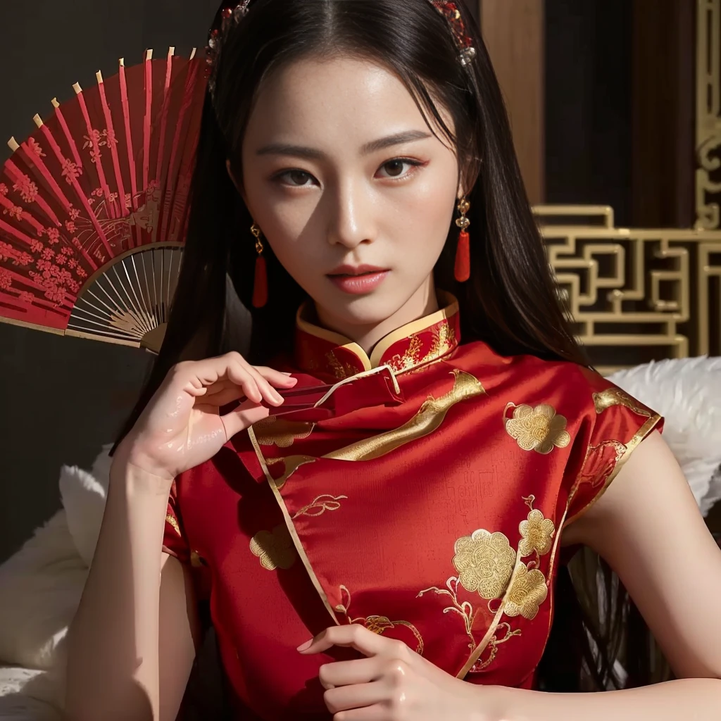 Asian woman in a red dress holding a fan, wearing a red Cheongsam, Cheongsam, Chinese style, Chinese dress, with ancient Chinese clothes, traditional chinese, traditional chinese clothing, Chinese girl, Chinese woman, Wearing an ancient Chinese dress, Gorgeous Chinese model, traditional beauty, Chinese dress, with ancient Chinese aesthetics, Chinese princess, cute woman