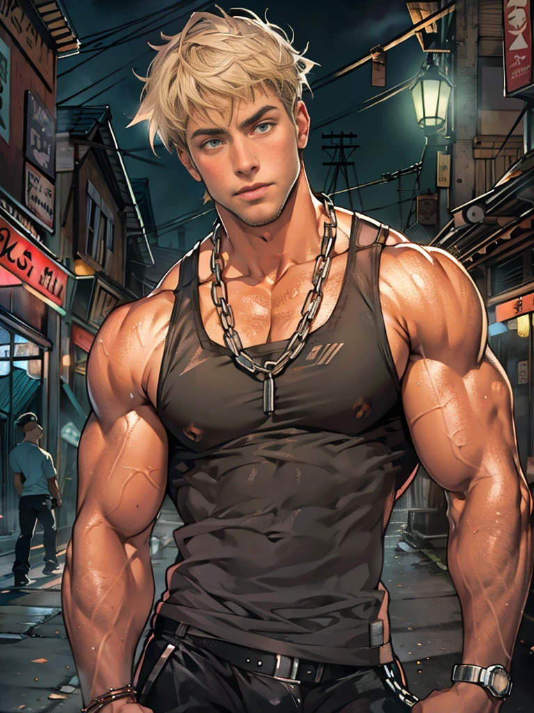 Young man, short blond hair, handsome face, tired expression, green eyes, large muscles, hyper pectoral, thick thigh, large butt. He's wearing a low-cut tank top, black pants, a backwards hat, and a silver chain around his neck, Big bulge. Scenery, party at night.