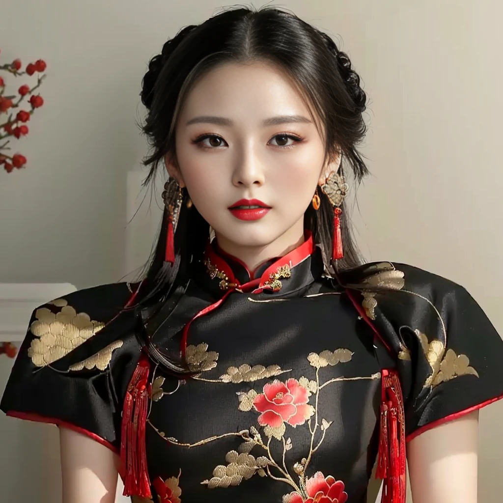 Close-up of woman wearing black dress and red earrings, Chinese style, Chinese dress, traditional chinese, Chinese girl, Cheongsam, Chinese woman, traditional chinese clothing, Chinese dress, with ancient Chinese clothes, traditional beauty, wearing a red Cheongsam, Chinese princess, beautiful oriental woman, Gorgeous Chinese model, Wearing an ancient Chinese dress, Hanfu