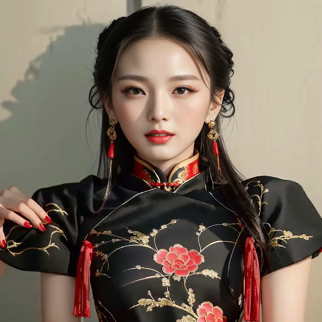 Close-up of woman wearing black dress and red earrings, Chinese style, Chinese dress, traditional chinese, Chinese girl, Cheongsam, Chinese woman, traditional chinese clothing, Chinese dress, with ancient Chinese clothes, traditional beauty, wearing a red Cheongsam, Chinese princess, beautiful oriental woman, Gorgeous Chinese model, Wearing an ancient Chinese dress, Hanfu