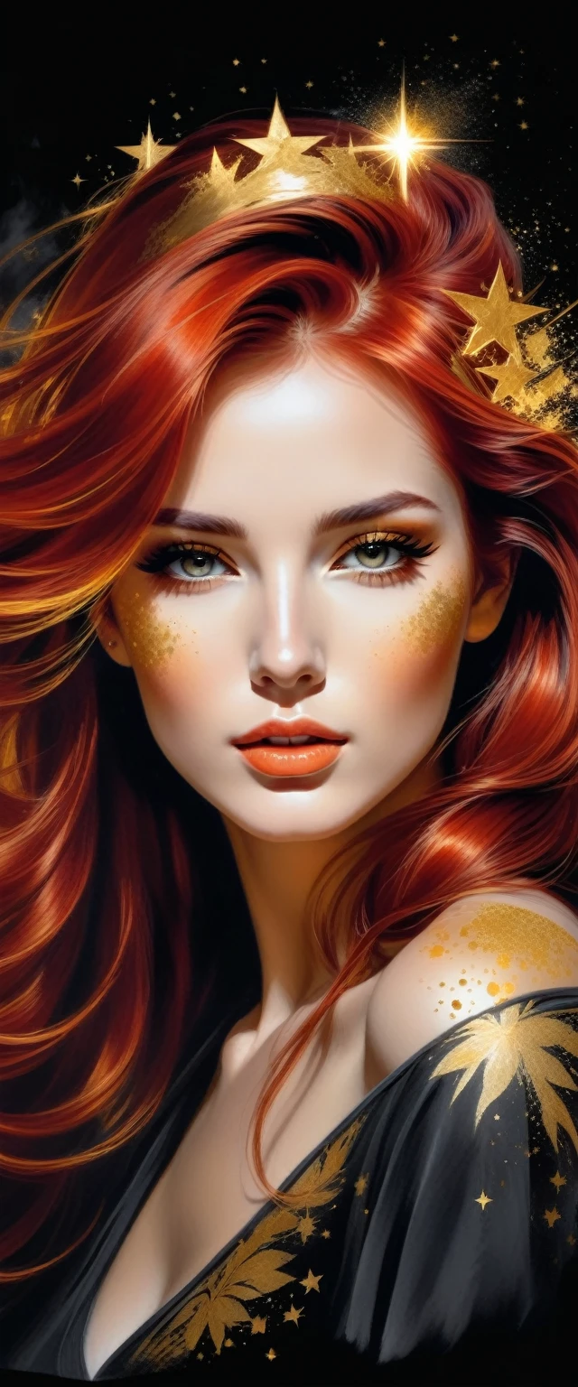 Gorgeous and hot Female face drawing with charcoal, long red hair, Pino Daeni style.
golden patterns, golden and black spirit, liquid gold explosion, golden smoke magic, star dust, golden milky way, (black background), magic fog, alcohol ink,