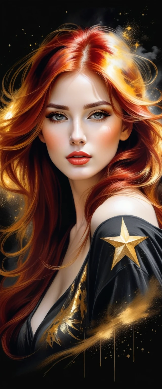 Gorgeous and hot Female face drawing with charcoal, long red hair, Pino Daeni style.
golden patterns, golden and black spirit, liquid gold explosion, golden smoke magic, star dust, golden milky way, (black background), magic fog, alcohol ink,